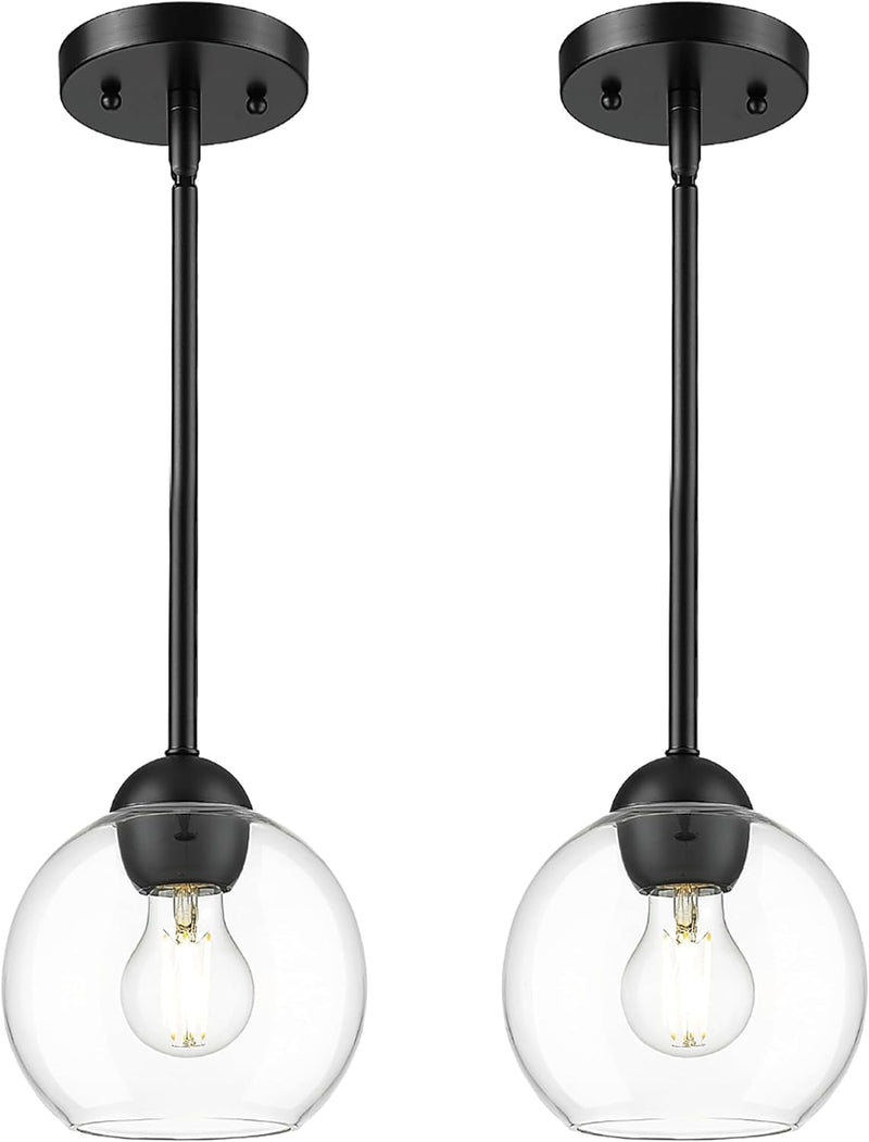 Emak 7 Inch Black Pendant Lights for Kitchen Island, Globe Pendant Light Fixture with Clear Glass Shade, 1-Light Hanging Light Fixtures for Kitchen, Bathroom, Bedroom, Hallway, PL119-BK