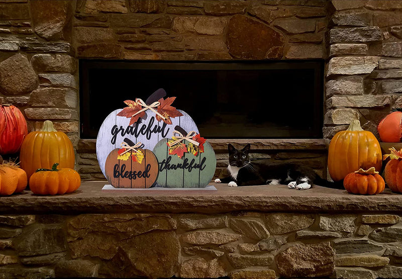 CYNOSA Fall Decorations for Home Blessed Grateful Thankful Fall Decor Wooden Pumpkin Tabletop Signs for Home Thanksgiving Farmhouse Living Room Harvest