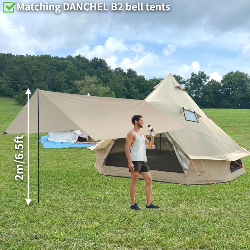 DANCHEL OUTDOOR Portable Tent Tarp Oxford Fabric with 2 Poles, Waterproof Rain Fly Shelter Awning Tent Canopy for B2 Yurt Glamping Accessories, Khaki 9.8X13Ft