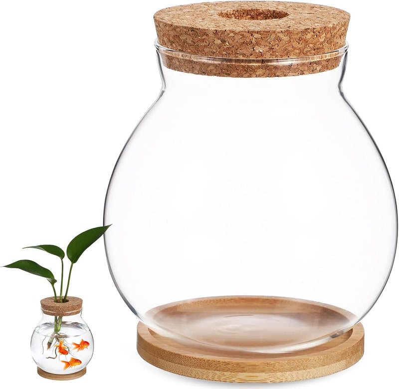 Balacoo Desktop Fish Bowl - Clear Glass Fish Tank with Wood Lid and Bamboo Stand, Small Betta Fish Plants Terrarium, Terrarium Vase for Home Office Decoration