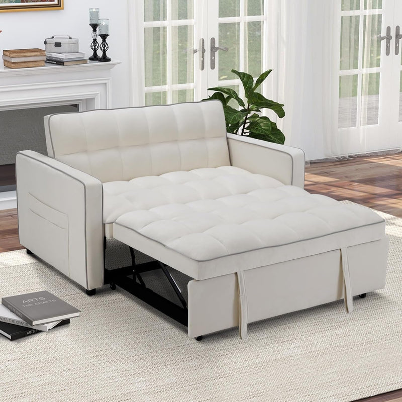 3 in 1 Convertible Sleeper Sofa Bed, Modern Velvet Loveseat Futon Couch Pullout Bed with Side Storage Pockets, Small Love Seat Lounge Sofa Futon for Small Space, Living Room, Beige