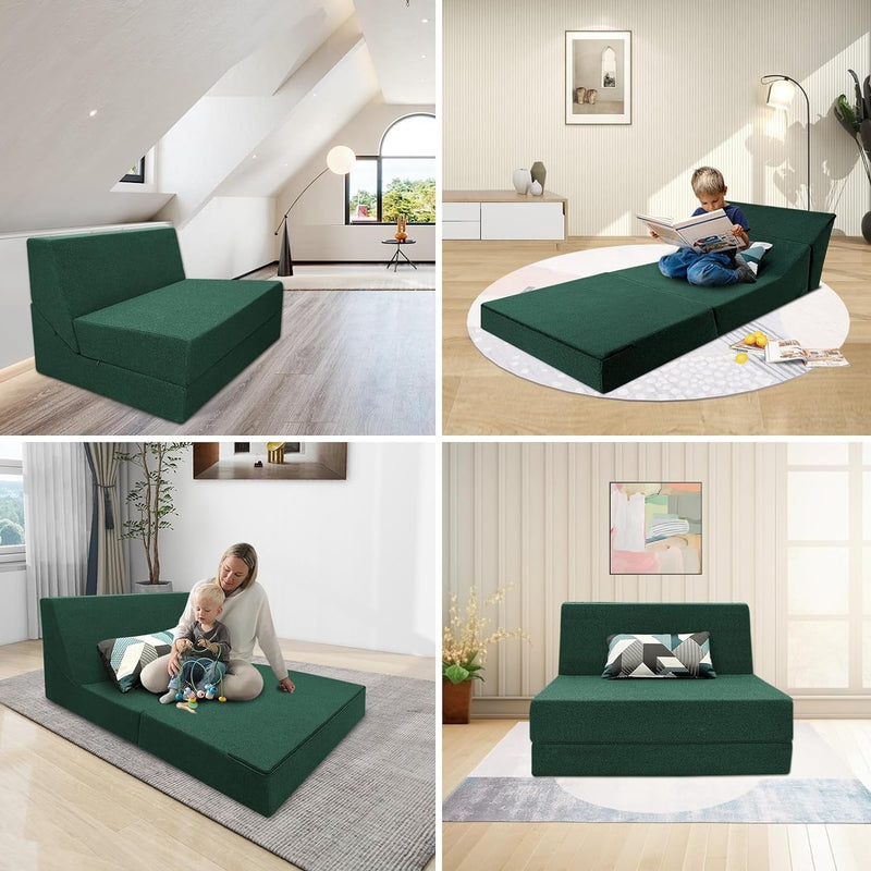 ANONER Convertible Chair Bed Sleeper with Memory Foam & Pillow Fold Out Chair Bed Couch Lounge Chaise for Living Room Bedroom Guest Room Home Office, Dark Green