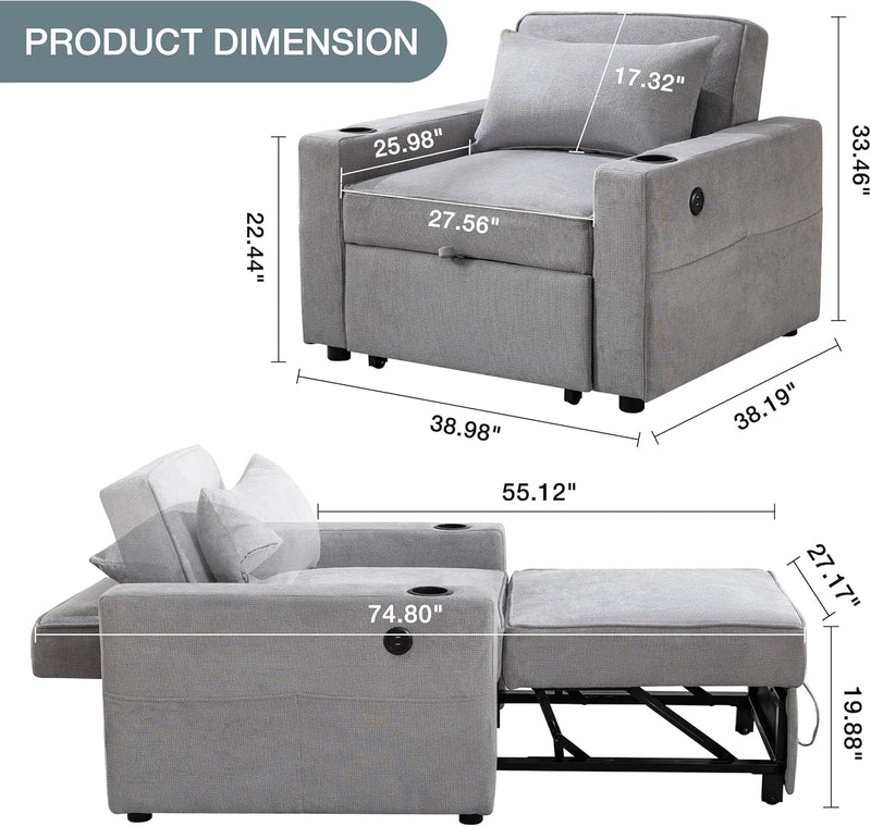 Convertible Sofa Bed, 3-In-1 Pull-Out Sleeper Sofa, Adjust Backrest Futon Couch with Massage Heating Pillow, USB, Side Pocket, Cup Holder, for Living Room/Office/Small Apartment (Dark Grey)