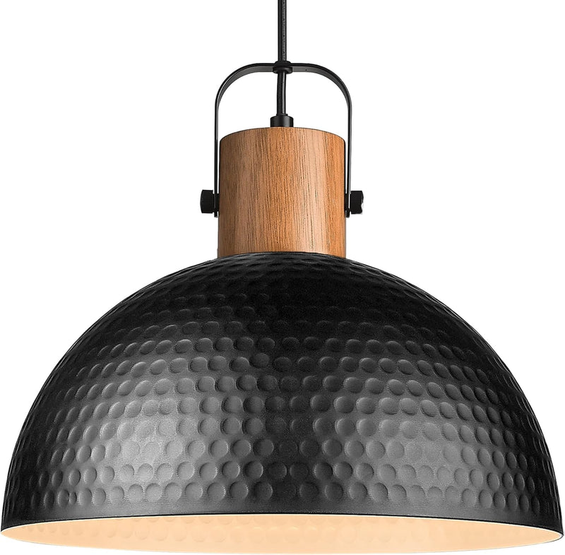 ELYONA Large Pendant Light Fixtures, 16 Inch Wood Dome Ceiling Hanging Lamp with Hammered Metal Shade, Black Modern Chandelier for Kitchen Island, Bar, Farmhouse, Dining Room, Hallway