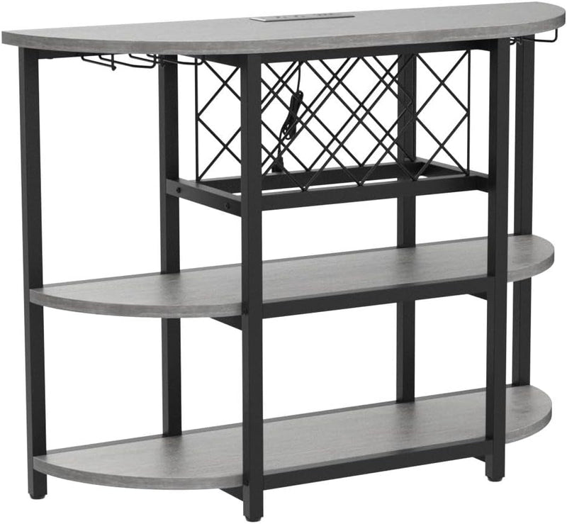 Bar Table Cabinet with Power Outlet, LED Home Mini Bar Cabinet for Liquor, Metal Wine Bar Stand with 4-Tier Storage, Easy to Assemble, Grey