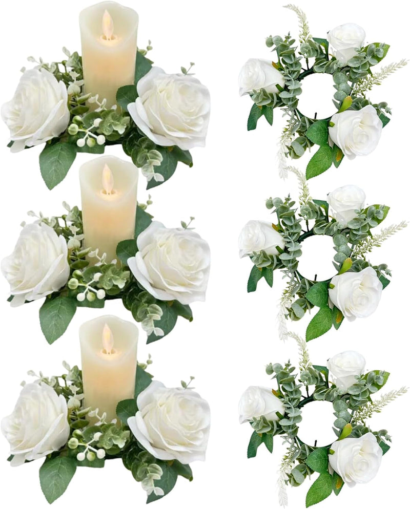 Candle Wreaths Rings 6PCS 7.9 Inch Artificial Rose Floral Candle Rings for Pillars Small Flower Wreath Candle Holder Wedding Centerpieces for Dining Table Decor White, Candle Rings Wreaths