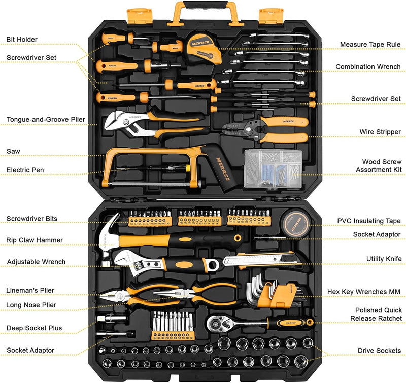 DEKOPRO 198 Piece Home Repair Tool Kit, Wrench Plastic Toolbox with General Household Hand Tool Set