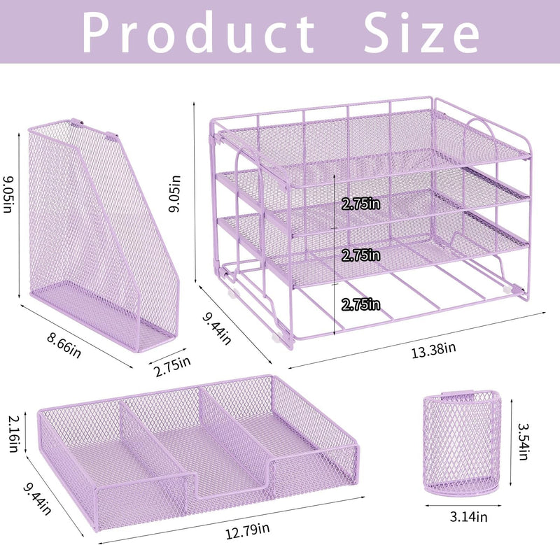 Desk Organizers and Accessories, 4-Tier Paper Leter Tray Organizer with 2 Pen Holders and File Holder, Desk Organizer with Drawer, Ofice Desk Accesorie for Office Supplies（Purple）