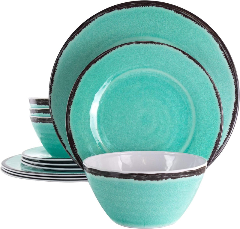 Elama Lightweight Dinnerware Set, 12 Piece, Blue and Brown