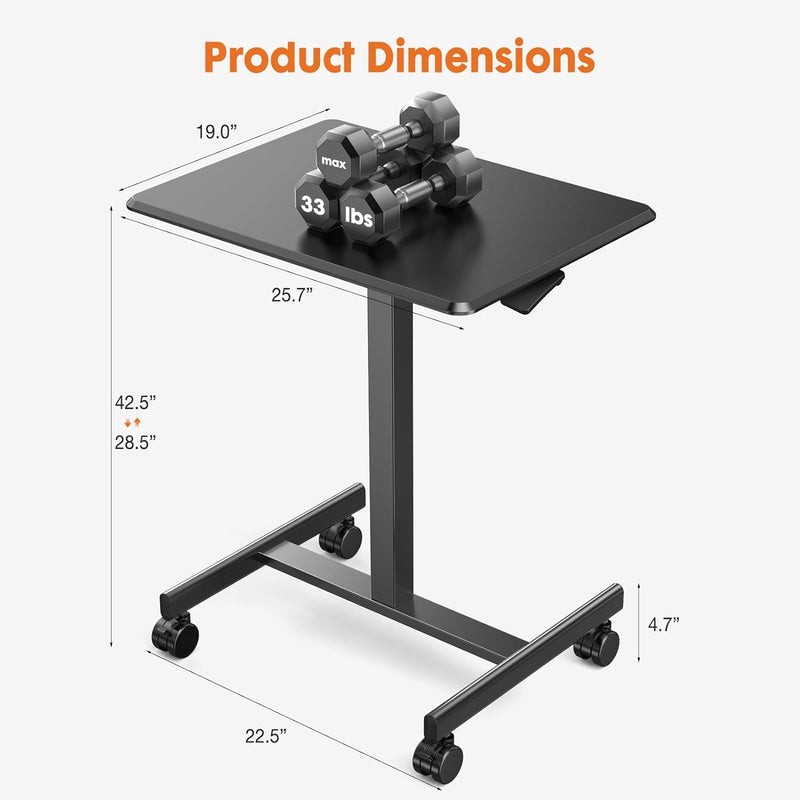 DUMOS Rolling Desk Adjustable Height, Mobile Desk with Wheels Lockable Black Mobile Laptop Desk Small Standing Desk for Office, Home and Study