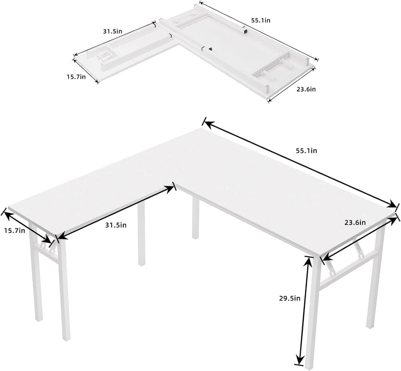 Dlandhome L-Shaped Folding Computer Desk 55Inches and 55Inches Left and Right Adjustable Half-Installed Home Office Workstation Corner Table,White +White