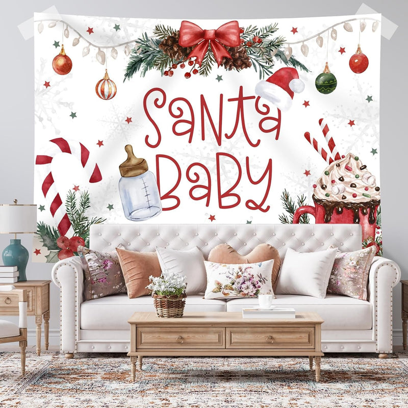 Christmas Baby Shower Backdrop Santa Baby Christmas Photography Background for Kids Newborn Xmas Baby Shower Party Decorations Supplies Cake Table Banner Photo Booth Studio Props 7X5Ft