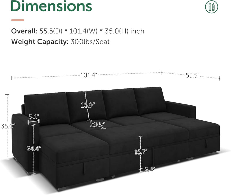 HONBAY Modular Sectional Sleeper Sofa Bed, Velvet Sectional Couch with Pullout Bed U Shaped Modular Couch with Storage Ottoman for Living Room, Black