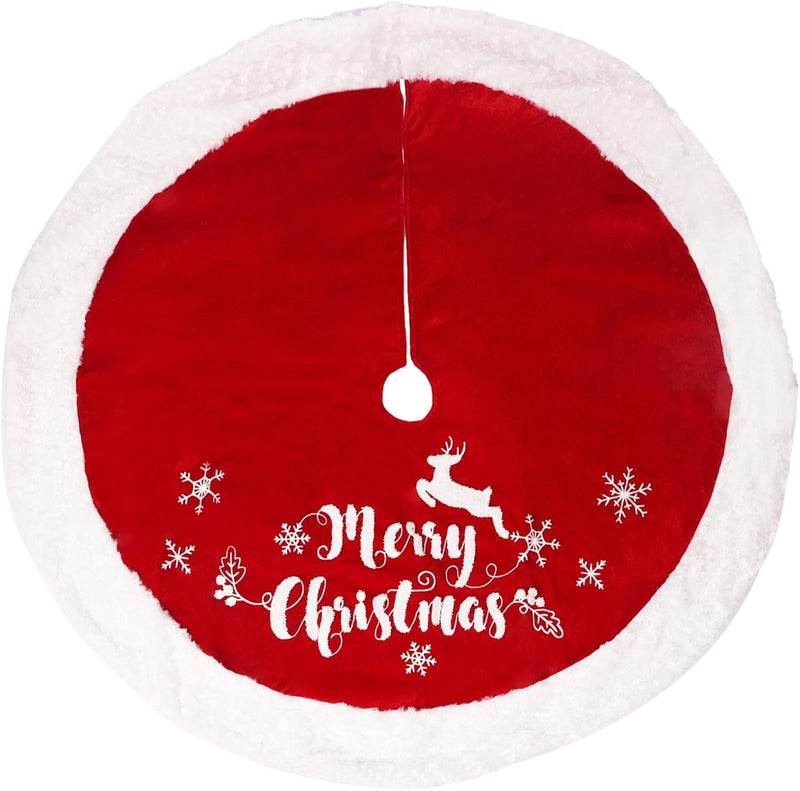 DR.DUDU 48 Inch Christmas Tree Plush Skirt Decoration for Merry Christmas Party Faux Fur Christmas Tree Skirt Decorations (Red 1)