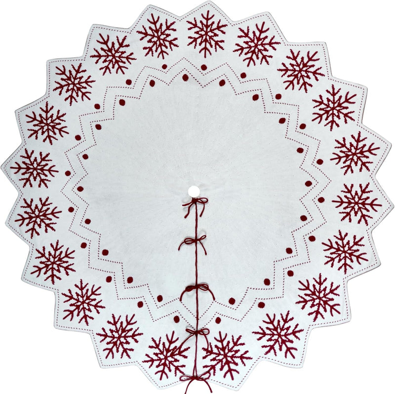 60-Inch Wavy Edged Reversible Knit Christmas Tree Skirt: Burgundy & White Snowflake Pattern with Lace Ties