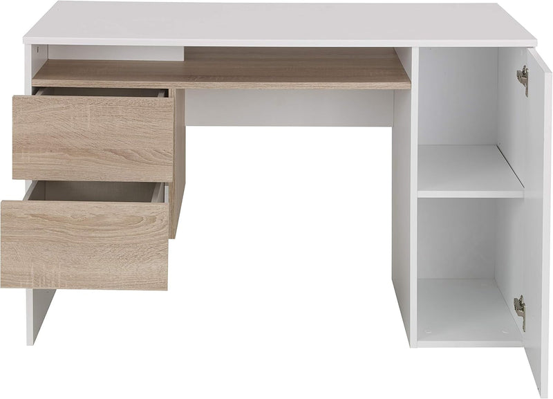 Bari White and Light Oak Home Office Modern Writing Computer Desk with Drawer