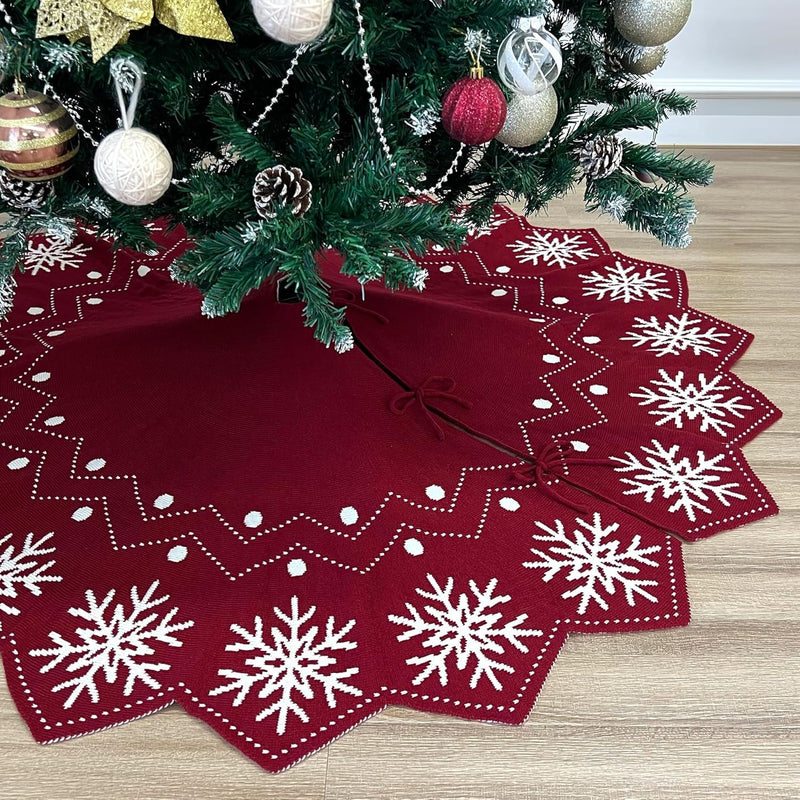 60-Inch Wavy Edged Reversible Knit Christmas Tree Skirt: Burgundy & White Snowflake Pattern with Lace Ties