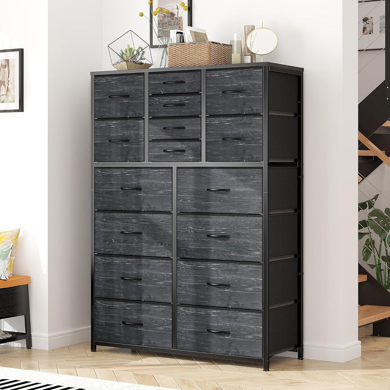 Enhomee 16 Drawers Dresser for Bedroom, Tall Dresser for Bedroom, Bedroom Dressers & Chests of Drawers with Wood Top and Metal Frame, Dresser for Bedroom, Closets, Living Room, Black Wood Grain