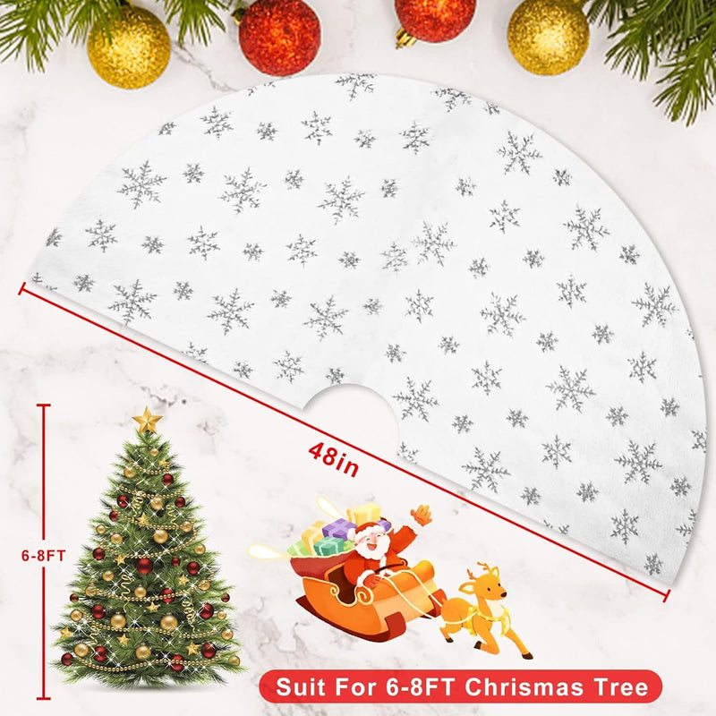 48 Inch Christmas Tree Skirt, White Tree Skirt Fit for 6-8 Ft Christmas Tree, Faux Fur Christmas Tree Skirt with Snowflakes for Christmas Decorations, Xmas Party Holiday Decorations (Silver)