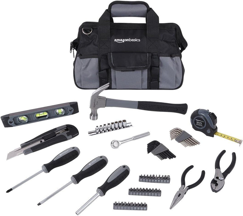 Amazon Basics 65 Piece Home Basic Repair Tool Kit Set with Bag, Silver, Black