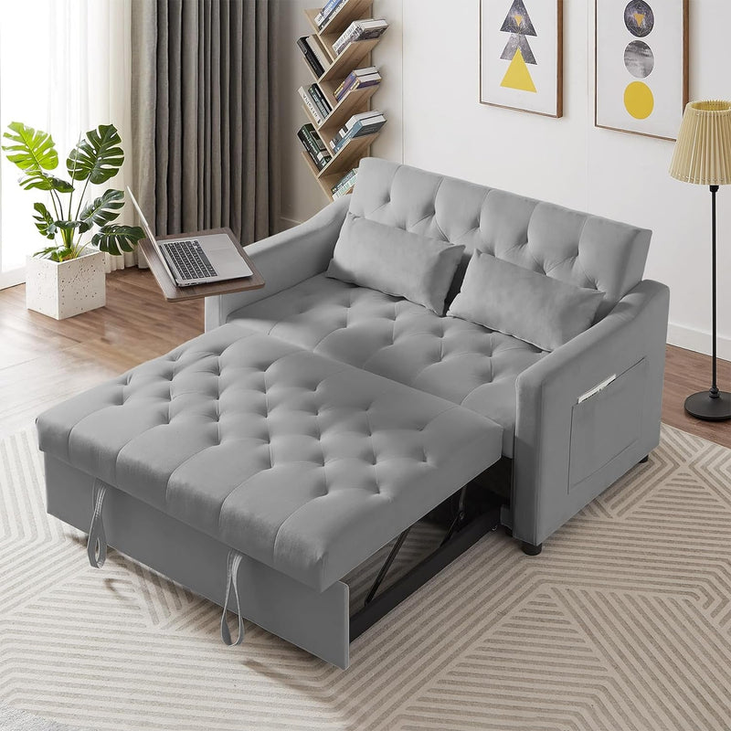 Antetek 3 in 1 Convertible Sofa Bed W/360° Rotating Side Table, 53" Modern Velvet Loveseat Sofa, Sleeper Pullout Bed W/Adjustable Backrest for Living Room Apartment, Office, Small Space, Grey