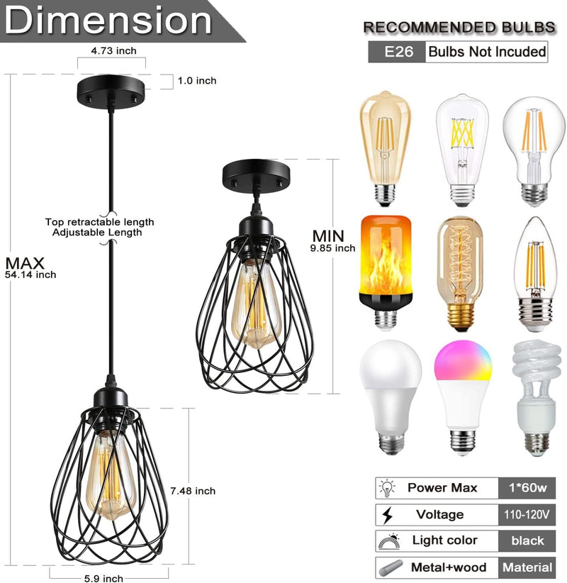 1 Pack Pendant Light ， Vintage Hanging Light Pendant Light Fixture ， Metal Pendant Light 1 Light，Black Modern Kitchen Island Pendant Lighting Metal Cage Shade for Dining Room ，Kitchen E26