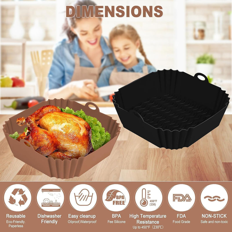 2 PCS Square Silicone Air Fryer Liners - 8 Inch Reusable Air Fryer Pot - Air Fryer Accessories - Air Fryer Inserts for 4 to 7 QT Oven Microwave Accessories (Black + Brown)