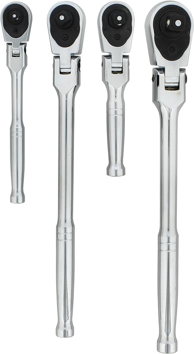 ABN 4-Piece Flex Head Ratchet Set - 1/4 1/2 and 3/8In Drive 72-Tooth Quick Release Reversible Premium Chrome Vanadium Steel Construction & Chrome Plated Finish Design with 5 Degrees of Swing