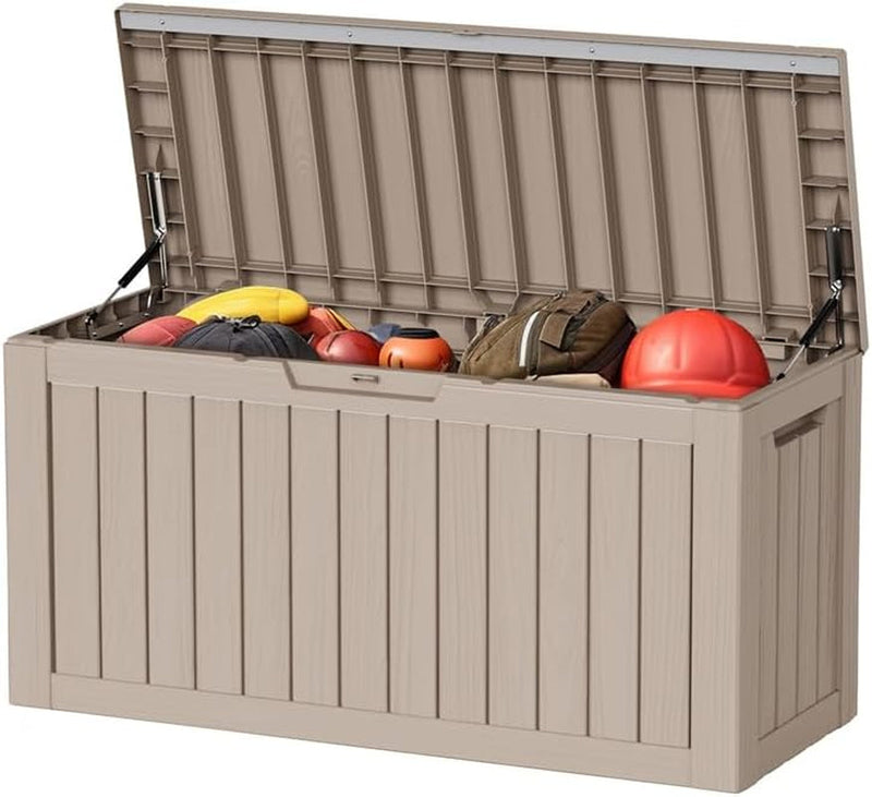 100 Gallon Outdoor Storage Box - Deck Box Waterproof Patio Furniture, Garden Tools, Cushions, Pool Accessories outside Storage Resin Box,Light Brown