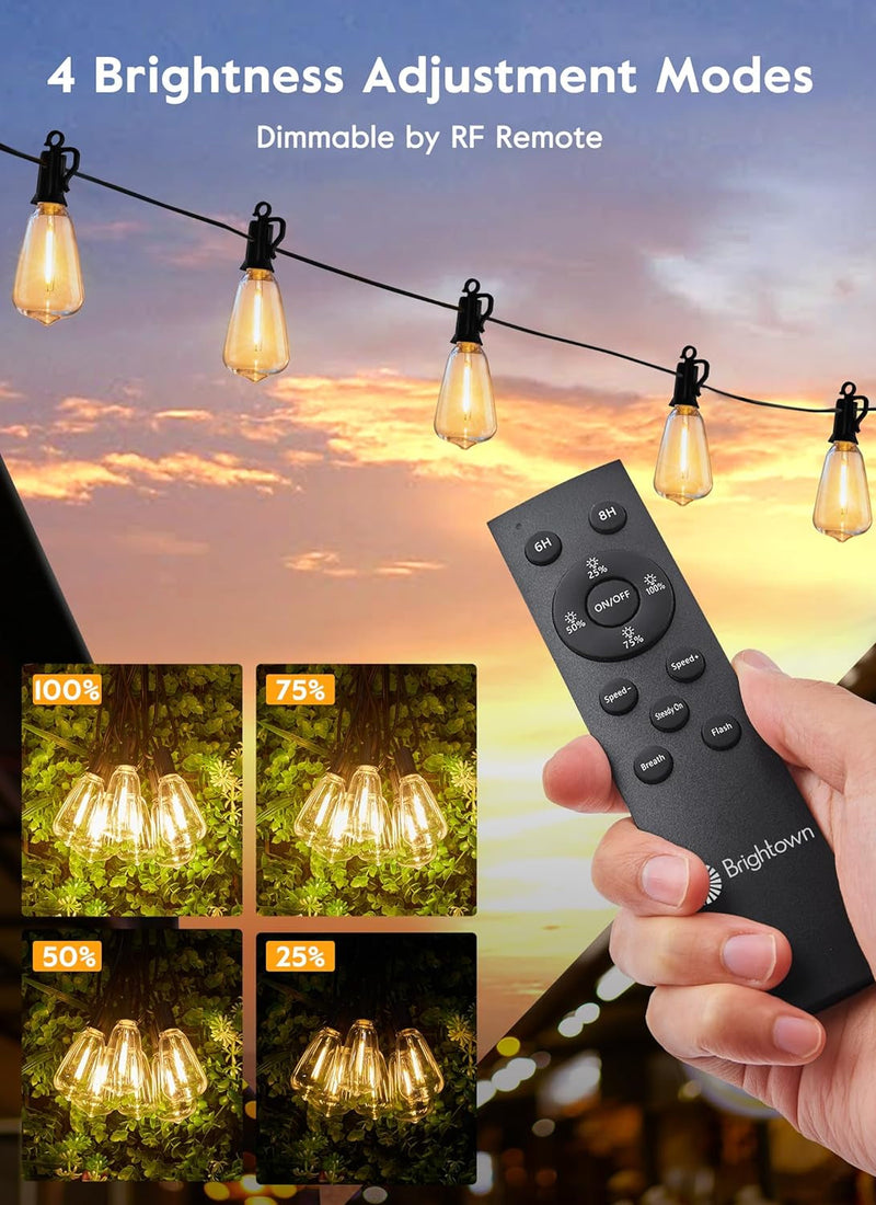 Brightown Outdoor Solar String Lights Waterproof 58FT with 25 Shatterproof ST38 LED Bulbs, 2700K Solar String Lights with Remote, Solar String Lights for Outside, Camping, Yard, Party Decor