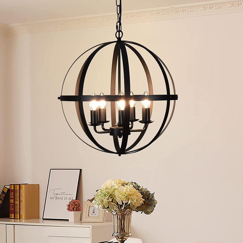 DLLT 6-Light Orb Chandelier, Black and Gold Globe Pendant Lights, Industrial Sphere Pendant Lighting over Island, Adjustable Hanging Light with Metal Cage for Dining Room Foyer, E12 Bulbs Not Included