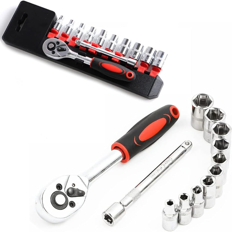 1/4” Ratchet Socket Wrench Set, Mechanic Tool Kit and Sockets Set with Quick Release Reversible Ratchet Handle and Extension Bar, 12 Pcs Set