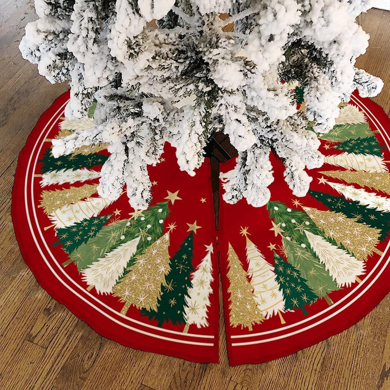 CROWNED BEAUTY Christmas Tree Skirt Collar 48 Inch Xmas Pine Trees Soft Farmhouse Holiday Decoration (Red & Green) TS31