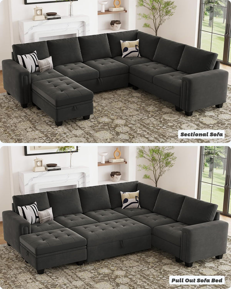 Belffin Modular Sectional Sleeper Sofa with Pull Out Bed U Shaped Sectional Sofa Couch with Storage Ottoman Velvet Covertible 7-Seater Sofa for Living Room Grey