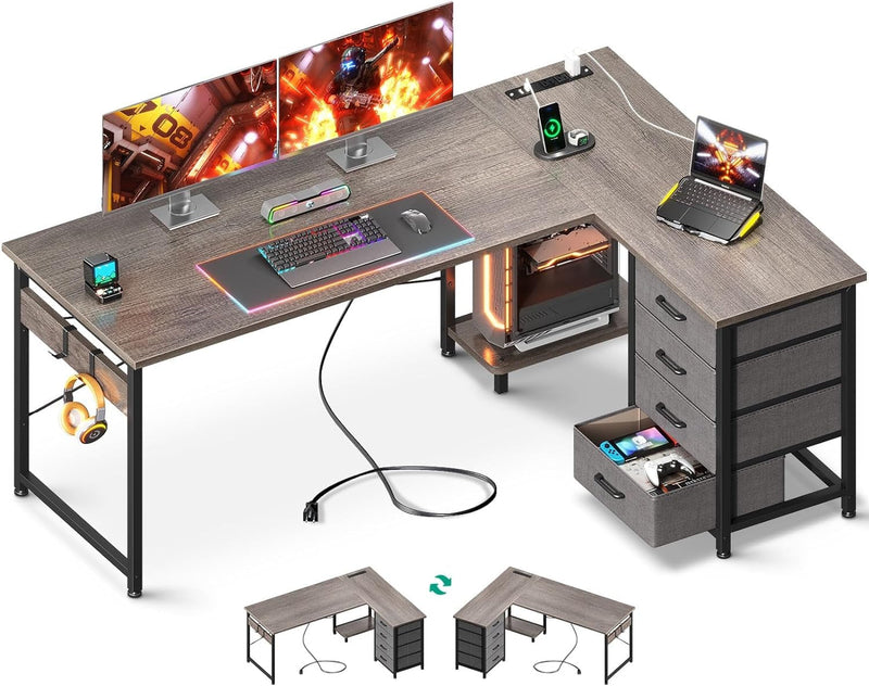 AODK L Shaped Desk with 4 Tier Drawers, 53" Reversible Gaming Desk with Power Outlets, L Shaped Computer Desk with USB Charging Port and Host Stand, Home Office Corner Desk, Easy to Assemble, Black