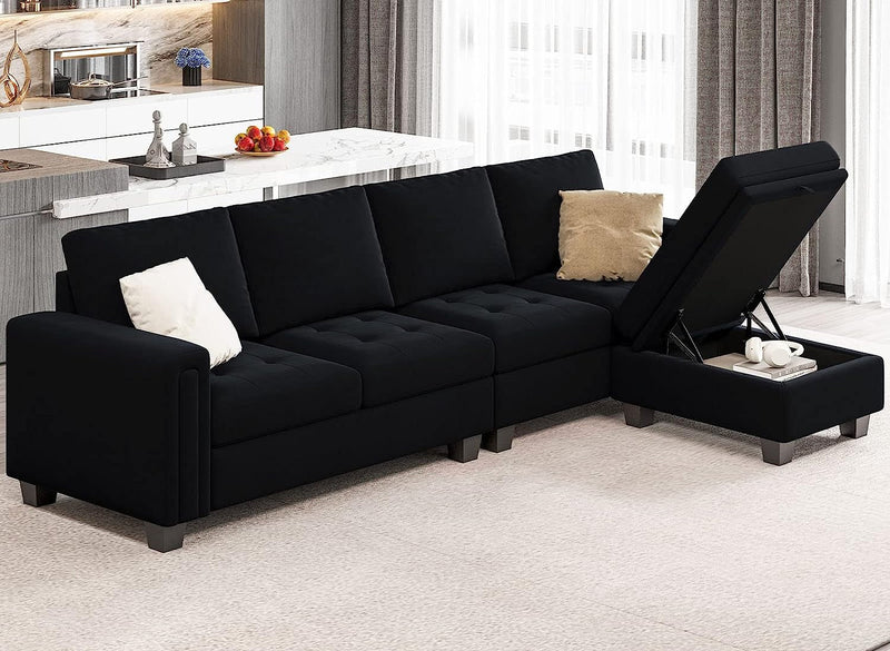 Belffin Velvet Reversible Sectional Sofa with Chasie Convertible Sectional Couch with Storage Ottoman L Shaped 4-Seat Sectional Sofa Black