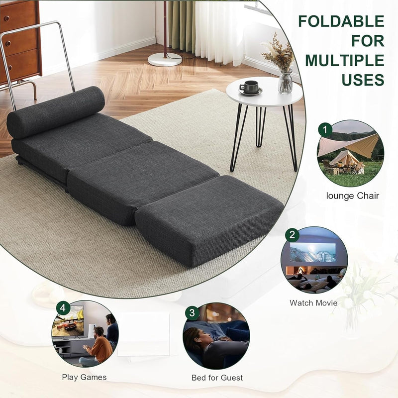 Folding Sofa Bed with Pillow-Foldable Sleeper Chair Futon Couch & Sleeping Mattress, Breathable Linen Fabric, Easy to Store for Living Room/Dorm/Guest Use/Home Office/Apartment, Black