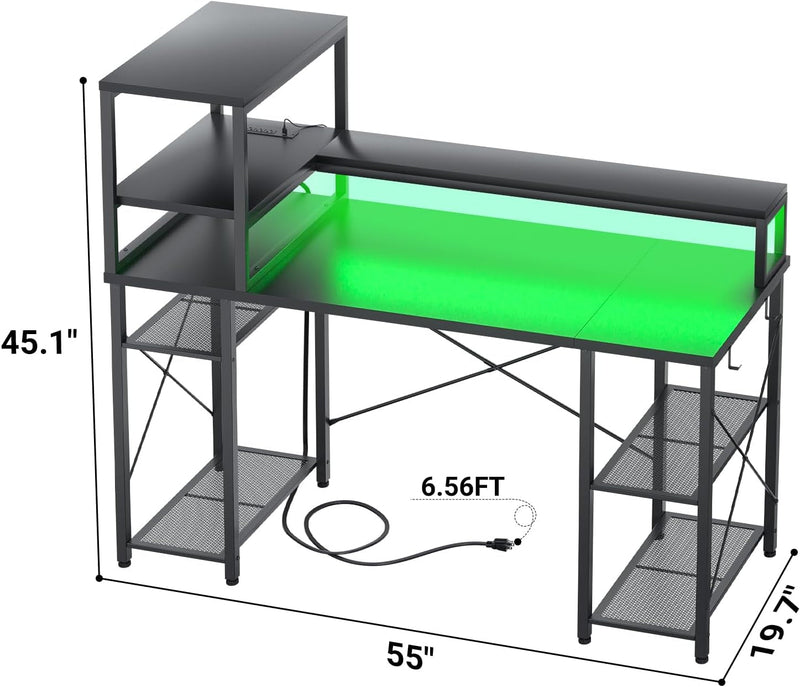 Cyclysio 55 Inch Gaming Desk with LED Light, Adjustable Computer Desk with Storage Shelves, Home Office Desk with Power Outlets, Computer Gaming Desk with Long Monitor Stand for Small Space, Black