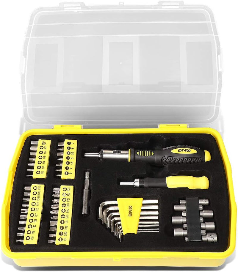 DNA Motoring TOOLS-00029 16 Piece Mechanic'S Home Repair Tool Set with Carrying Case, Includes Pliers, Wrench, Hex Key, Screwdriver, Spirit Level, and Tape Measurer, 1 Set, Yellow/Black