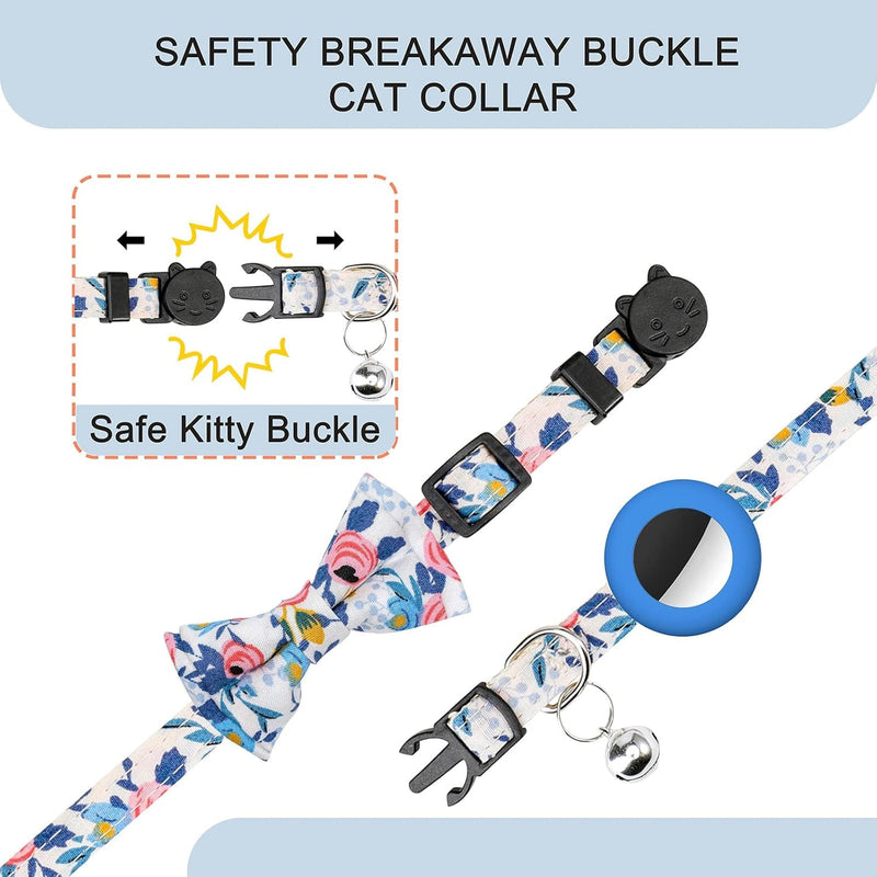 Airtag Cat Collar with Bell Adjustable Breakaway Kitten Collars:- Safety Buckle and Silicone Air Tag Holder Case Compatible with Apple Airtag Geometric Pattern Pet Collar (Cat Collar-Blue)