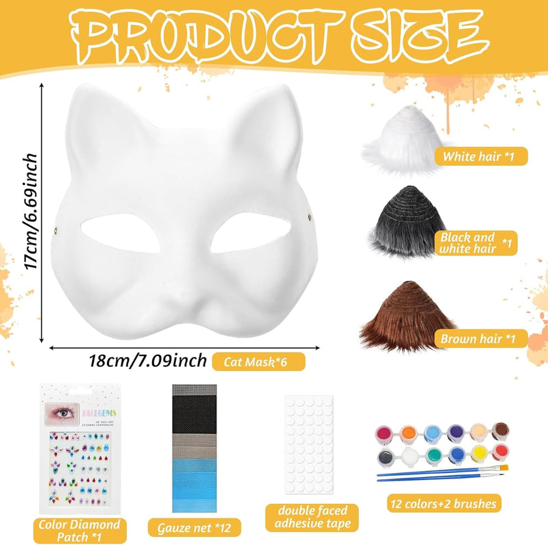 6PCS Therian Mask Kit, Cat Mask with Eye Mesh Gem Stickers Acrylic Pigment and Animal Hair, DIY Blank Animal Masks for Costume Party, Cosplay, Halloween Costume