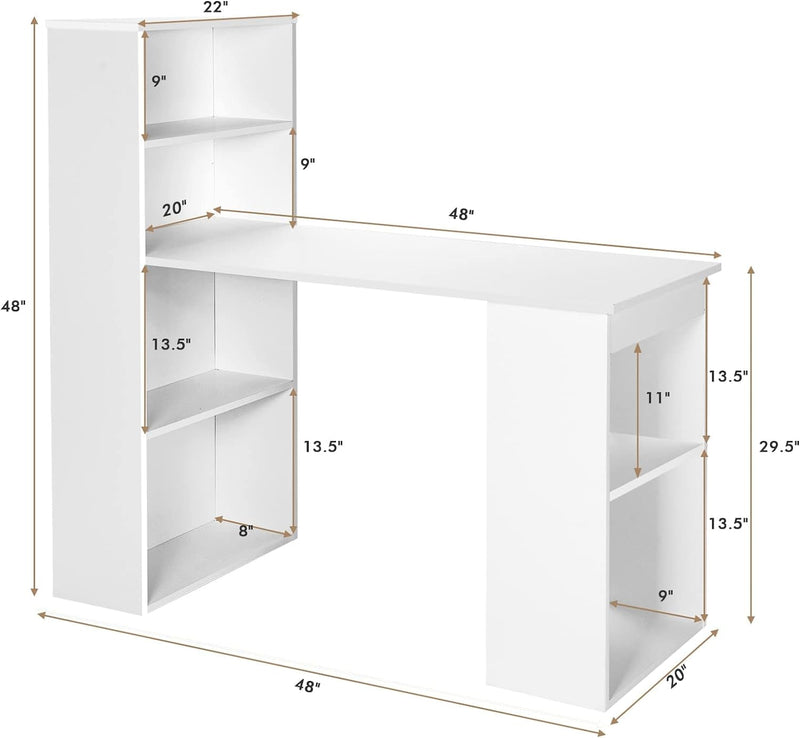 COSTWAY White Computer Desk with Shelves, 48” Study Writing Desk with 6-Tier Storage Shelves, Reversible Study Workstation W/Wide Base for Home, Office & Dorm, Easy Assembly