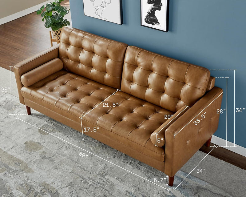 AMERLIFE Leather Sofa, 3 Seater Genuine Leather Sofa, Mid-Century Leather Sofa, Comfy Couch for Living Room-Brown Leather Sofa Couch