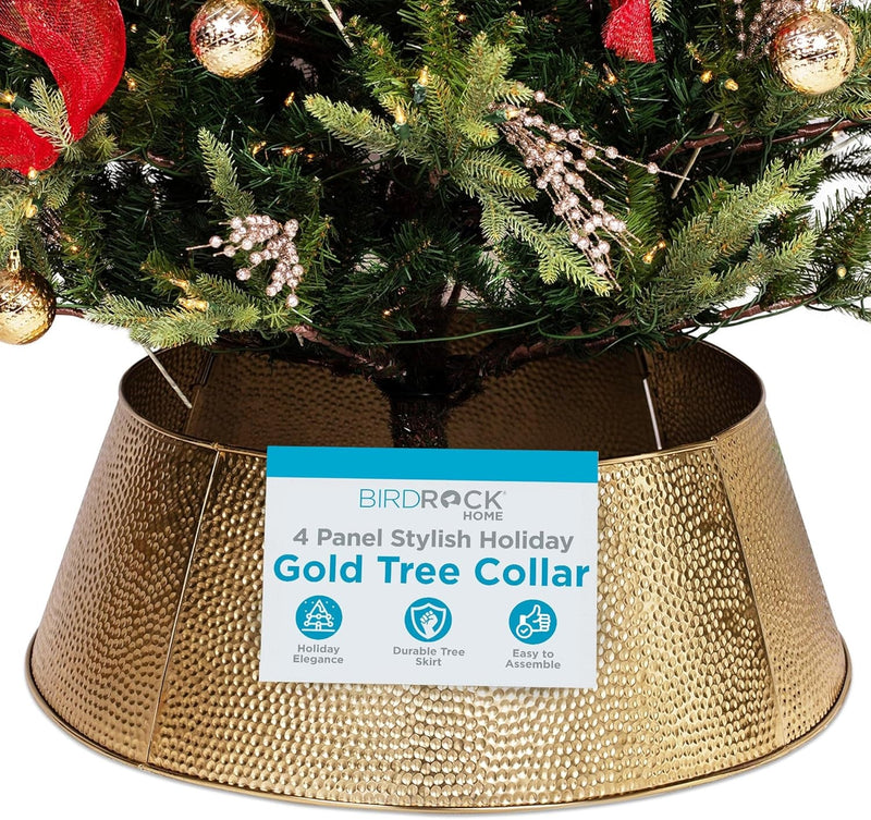 BIRDROCK HOME 4-Panel Hammered Metal Christmas Tree Collar - Stylish Holiday Tree Skirt Alternative - Durable Iron Construction Base Cover - Protects Tree Base from Pets - Easy Assembly - Gold