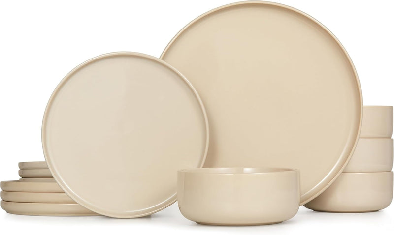 Dinnerware Set, 12 Piece Service for 4, by Kook, Ceramic 10.5” Dinner Plates, 8.2” Salad Plates and 25 Oz Soup Bowls, Stoneware, Microwave and Dishwasher Safe, 12 Piece Set (Sage Green)