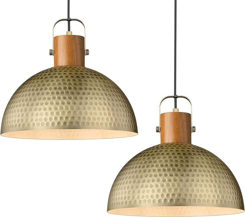 ELYONA Large Pendant Light Fixtures, 16 Inch Wood Dome Ceiling Hanging Lamp with Hammered Metal Shade, Black Modern Chandelier for Kitchen Island, Bar, Farmhouse, Dining Room, Hallway