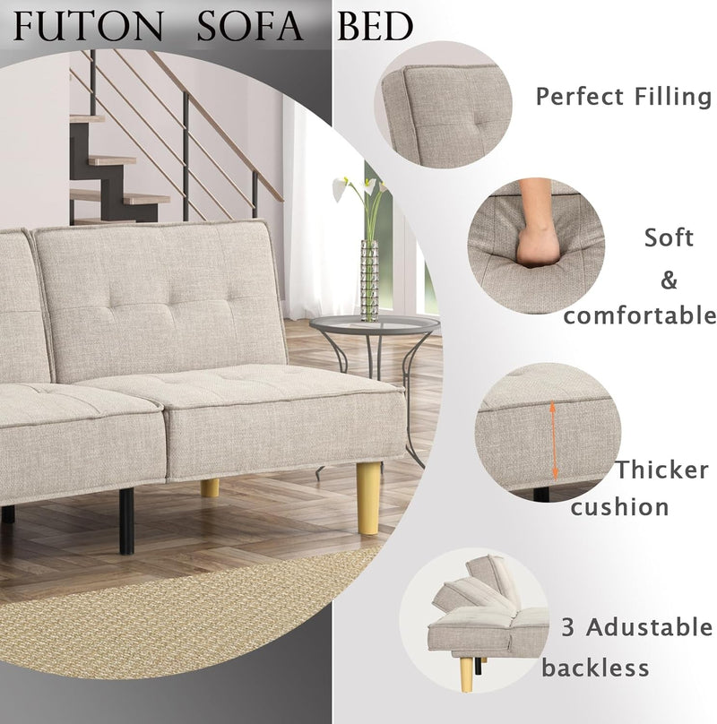 Convertible Futon Sofa Bed, Loveseat Foldable Futon Couch Adjustable Backrest, Small Futon Couch for Living Room, Small Space, Apartment, Beige Fabric 307BG