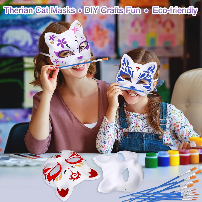 12 PCS Cat Masks White Paper Therian Cat Mask Blank Pulp Animal Masks Hand Painted for Kids Adults Women'S Costume Party Halloween Decoration Masquerade Cosplay DIY Craft