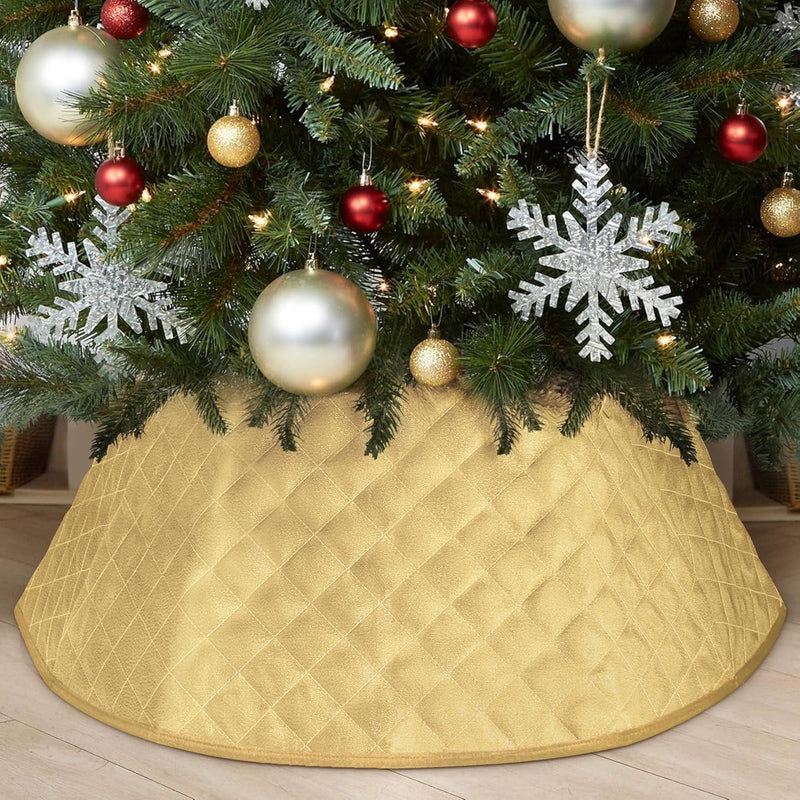 Gold Christmas Tree Collar, 27" Glitter Xmas Tree Collars for Artificial Trees Handmade Christmas Tree Skirt Ring with Diamond Pattern Tree Stand Base Cover for Holiday Home Decorations