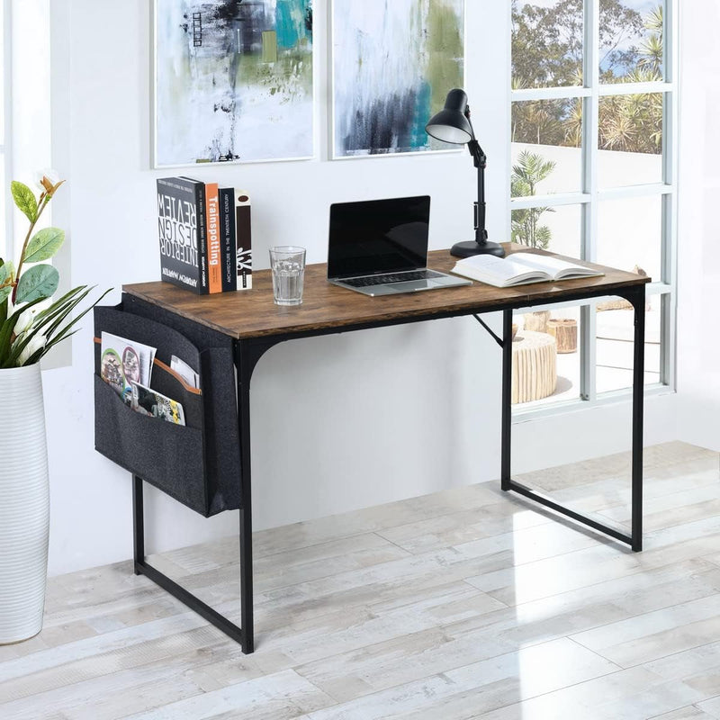 Furniturer 39.4 Inch Small Study Writing Table with Storage Bag Space Saving for Home Office, Modern PC Metal Frame Computer Desk, Brown